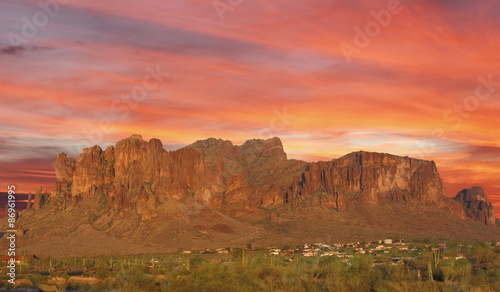 Sun set over mountain in the desert Phoenix  Arizona  USA