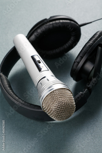 Microphone and ear-phones on a table