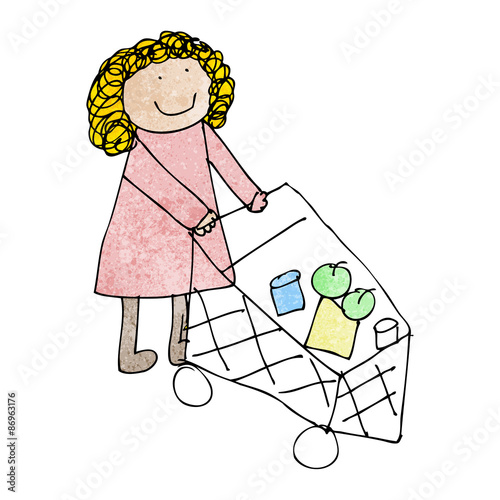 cartoon mother pushing trolley