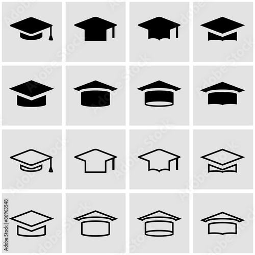 Vector black academic cap icon set
