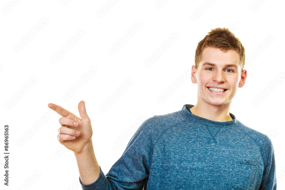 man showing copy space pointing with finger man showing copy space pointing with finger
