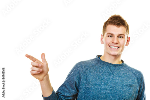 man showing copy space pointing with finger