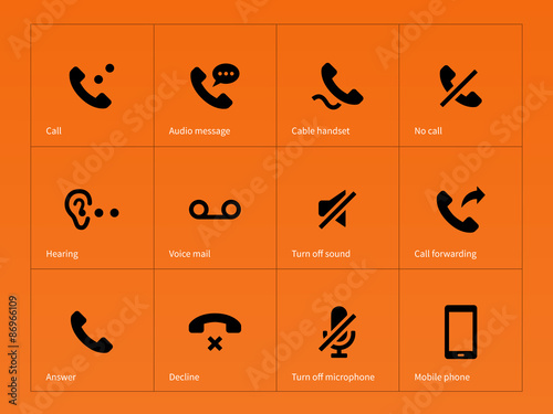 Phone handset and call icons on orange background.