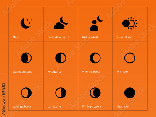 Moon eclipse icons on orange background.