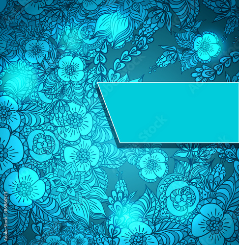 Template with doodle flowers and light in blue