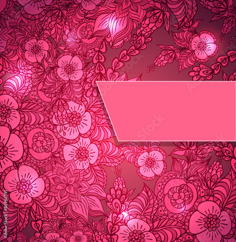 Template with doodle flowers and light in pink red