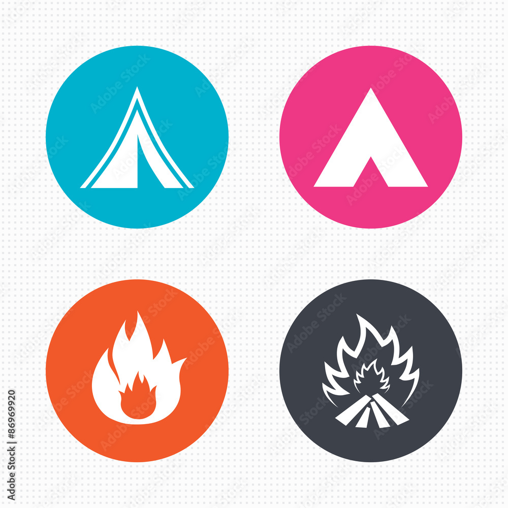 Tourist camping tent signs. Fire flame icons. Tourist camping tent signs. Fire flame icons.