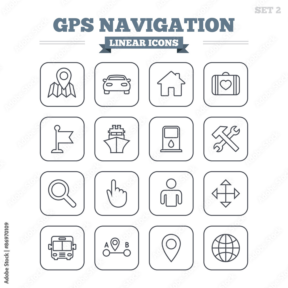 GPS navigation linear icons set. Thin outline signs. Vector GPS navigation linear icons set. Thin outline signs. Vector