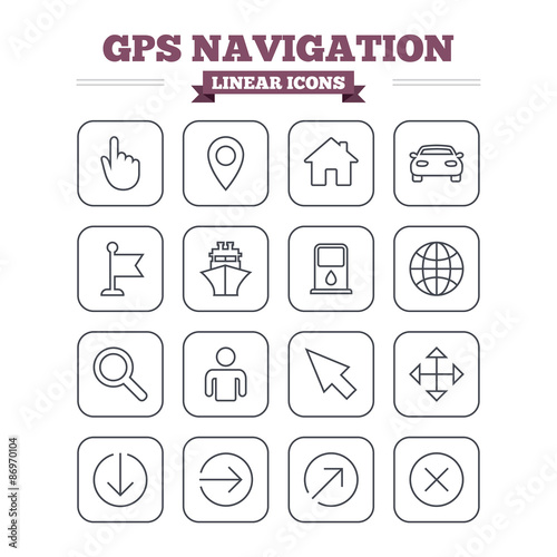GPS navigation linear icons set. Thin outline signs. Vector