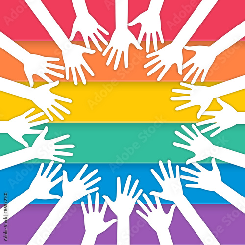 hands raising with pride flag
