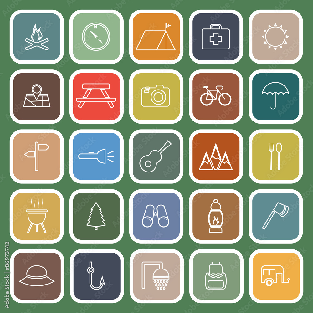 Camping line flat icons on green background Camping line flat icons on green background