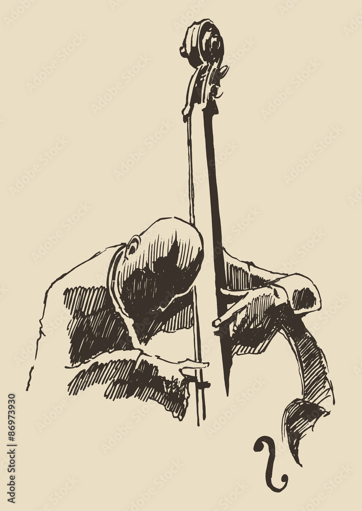 Naklejka premium JAZZ Man Playing the double bass Hand Drawn Sketch