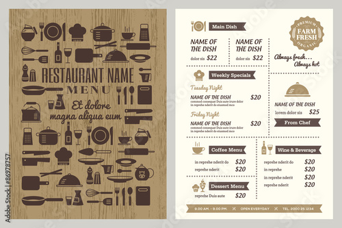 Restaurant menu design template with random utensils icon pattern on cover