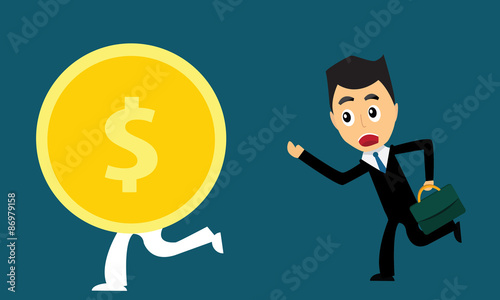 Business man running  by money because poor economy.  