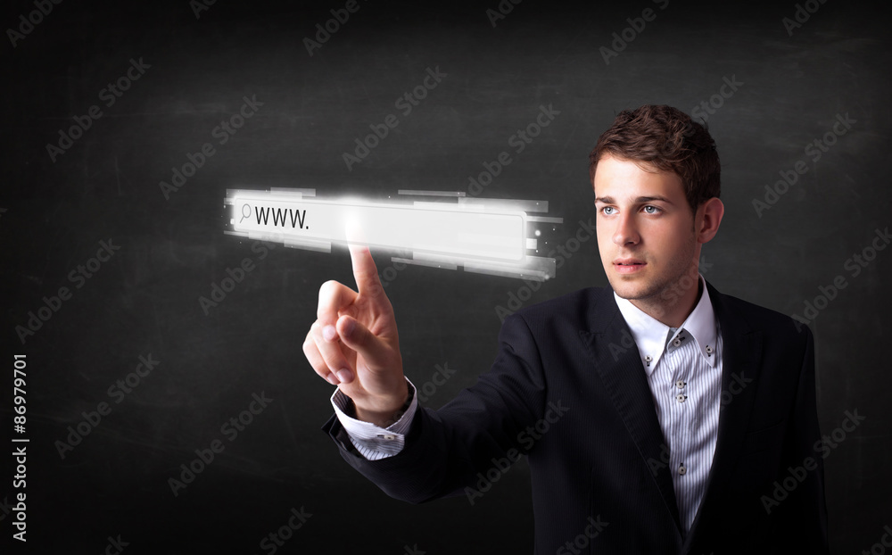 Young businessman touching web browser address bar with www sign Young businessman touching web browser address bar with www sign