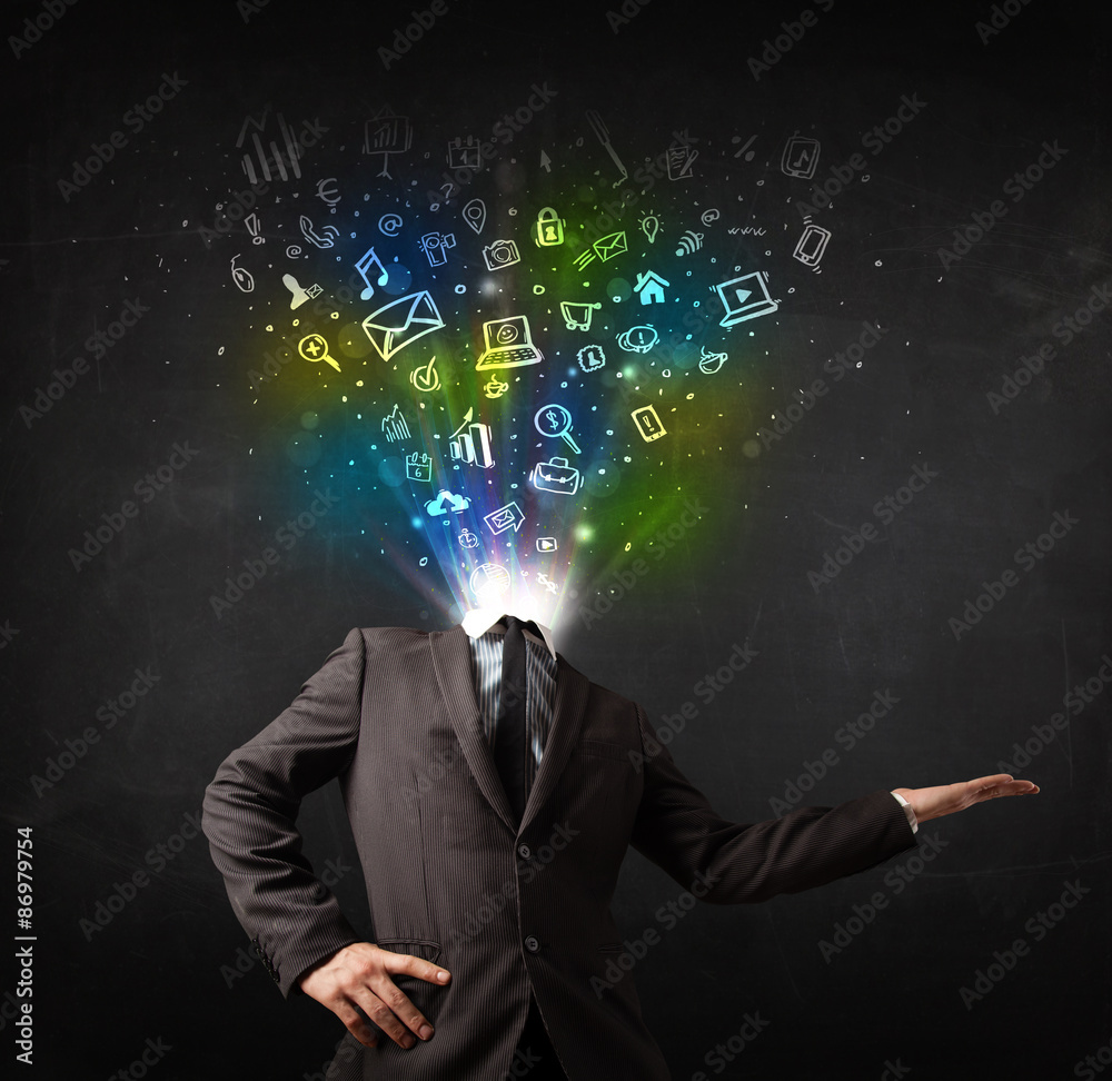 Business man with glowing media icons exploding head Business man with glowing media icons exploding head