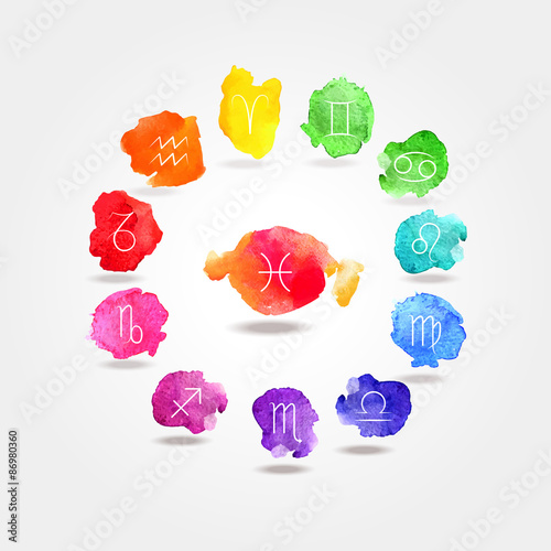 12 signs of the zodiac watercolor texture (symbol). Horoscope Zodiac Star signs, vector set.