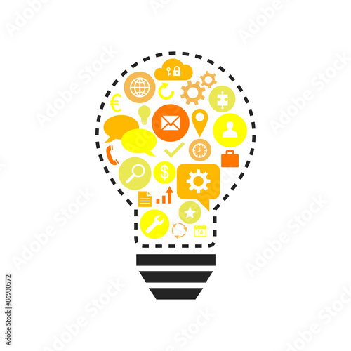 Lightbulb with different business icons as idea and strategic planning concept