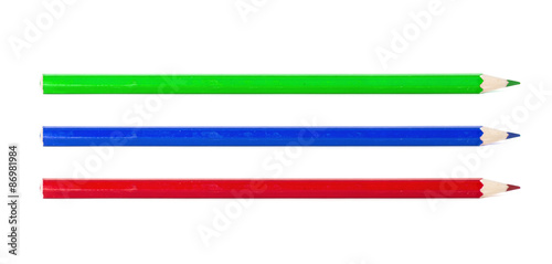 Green blue and red pencil isolated on white background