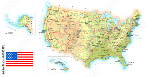 Fotografia, Obraz USA detailed topographic map illustration