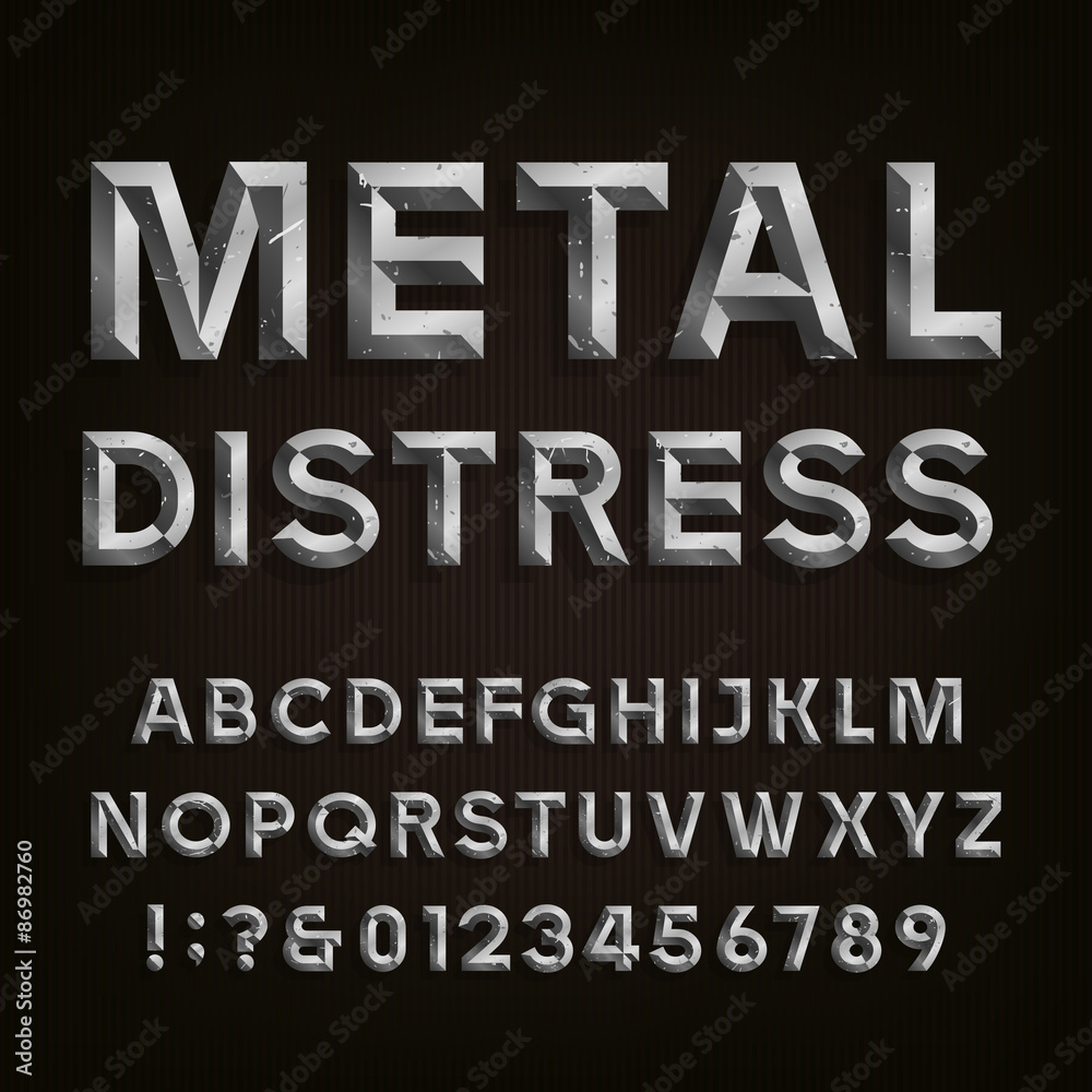 Metal Beveled Distressed Font. Vector Alphabet.
Metal effect beveled and distressed letters, numbers and punctuation marks. - obrazy, fototapety, plakaty 