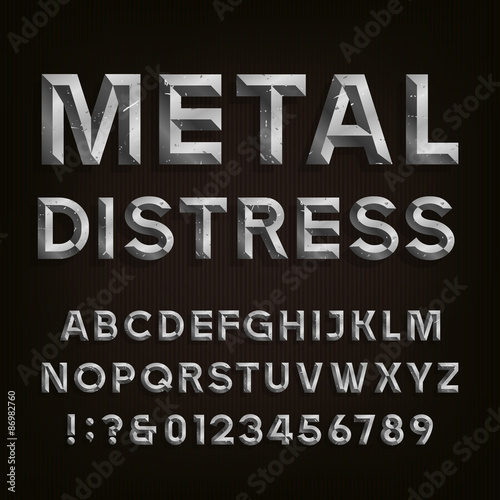 Metal Beveled Distressed Font. Vector Alphabet.
Metal effect beveled and distressed letters, numbers and punctuation marks.