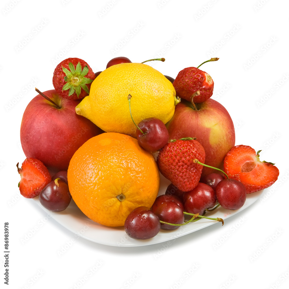 ripe strawberries, cherry, apple, orange and lemon on the plate ripe strawberries, cherry, apple, orange and lemon on the plate