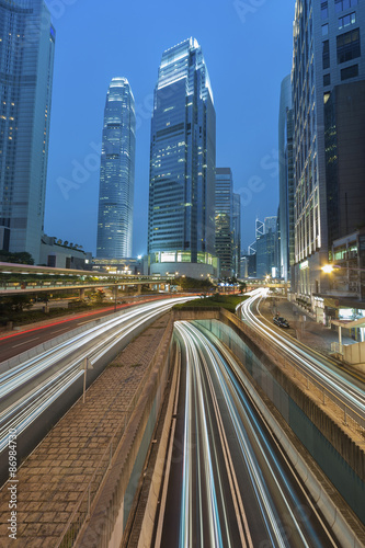 Hong Kong city at dusk with busy traffic