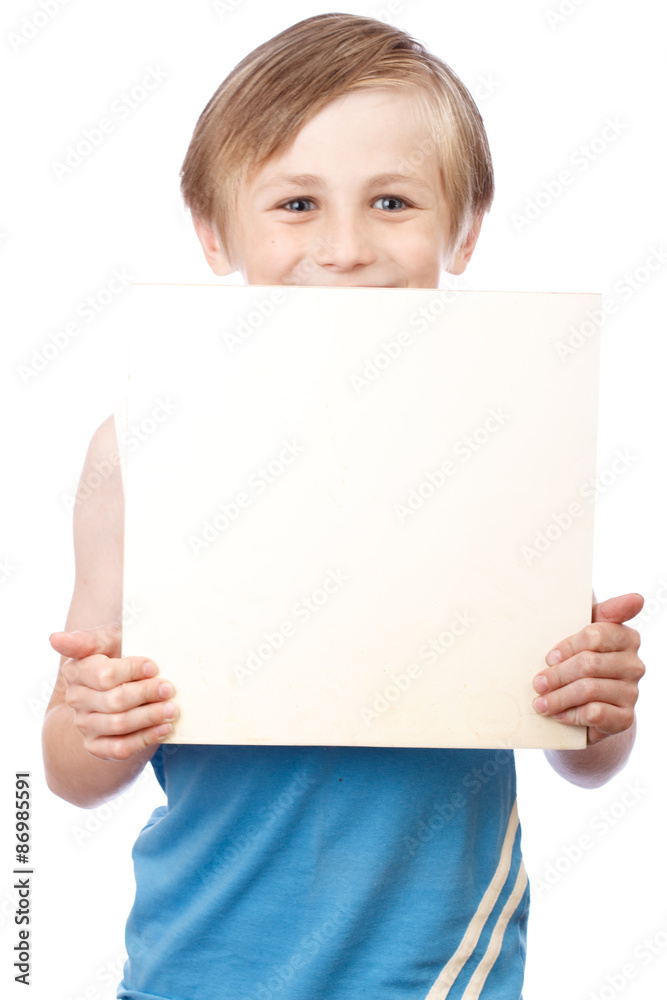 Boy on a white background with blank boad Boy on a white background with blank boad