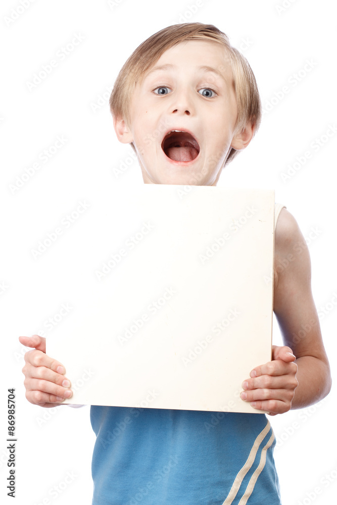Boy on a white background with blank boad Boy on a white background with blank boad