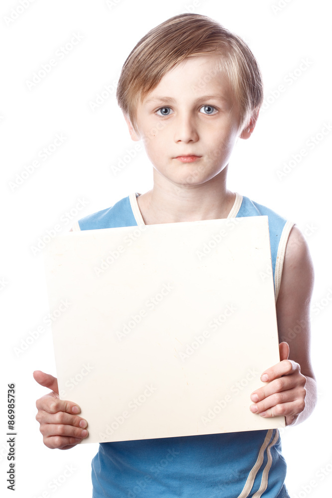 Boy on a white background with blank boad Boy on a white background with blank boad
