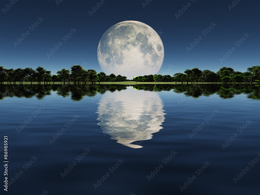 Fototapeta premium Wschód księżyca nad jeziorem