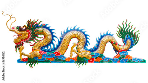 Chinese golden dragon statue isolate on white background. Clipping path.