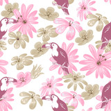Tropical summer seamless pattern, flowers and birds