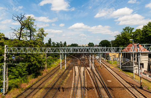 Railroad tracks junction in center of city