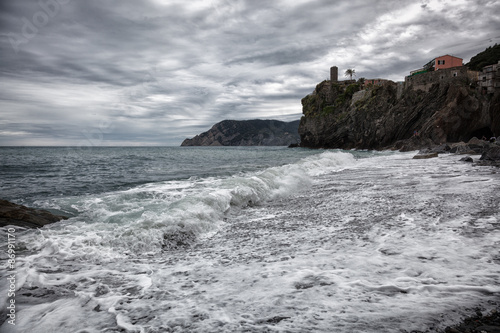 Cloudy morning on the bank of the Ligurian Sea, Vernazza, Italy