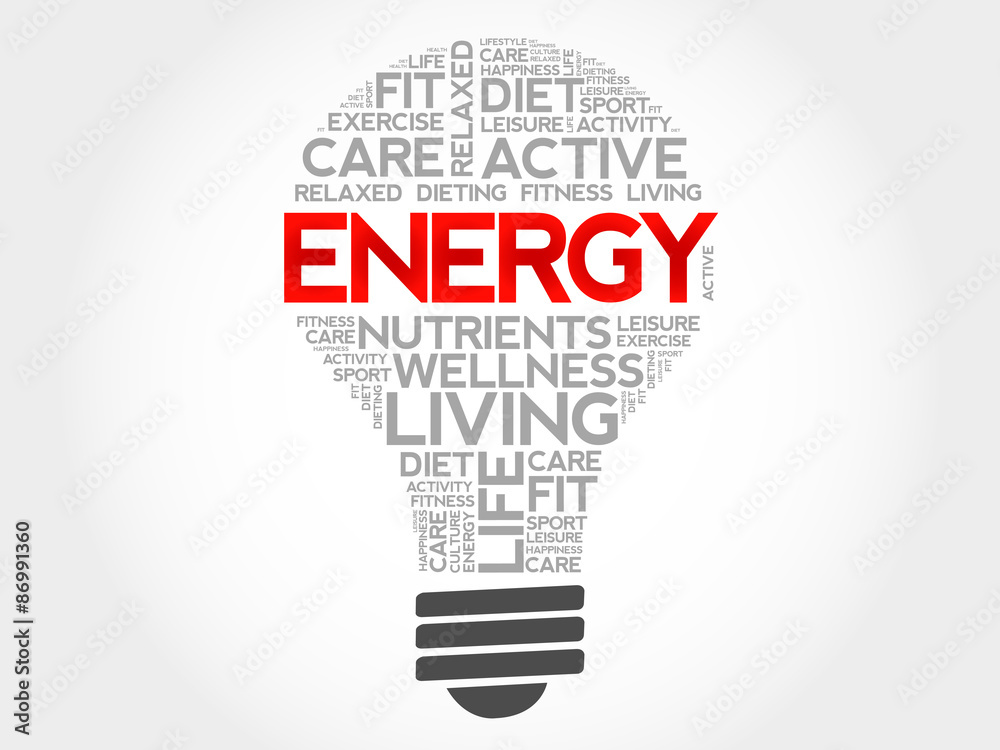 ENERGY bulb word cloud, health concept ENERGY bulb word cloud, health concept