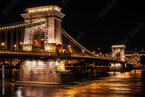 The Szechenyi Chain Bridge in Budapest, Hungary at night
