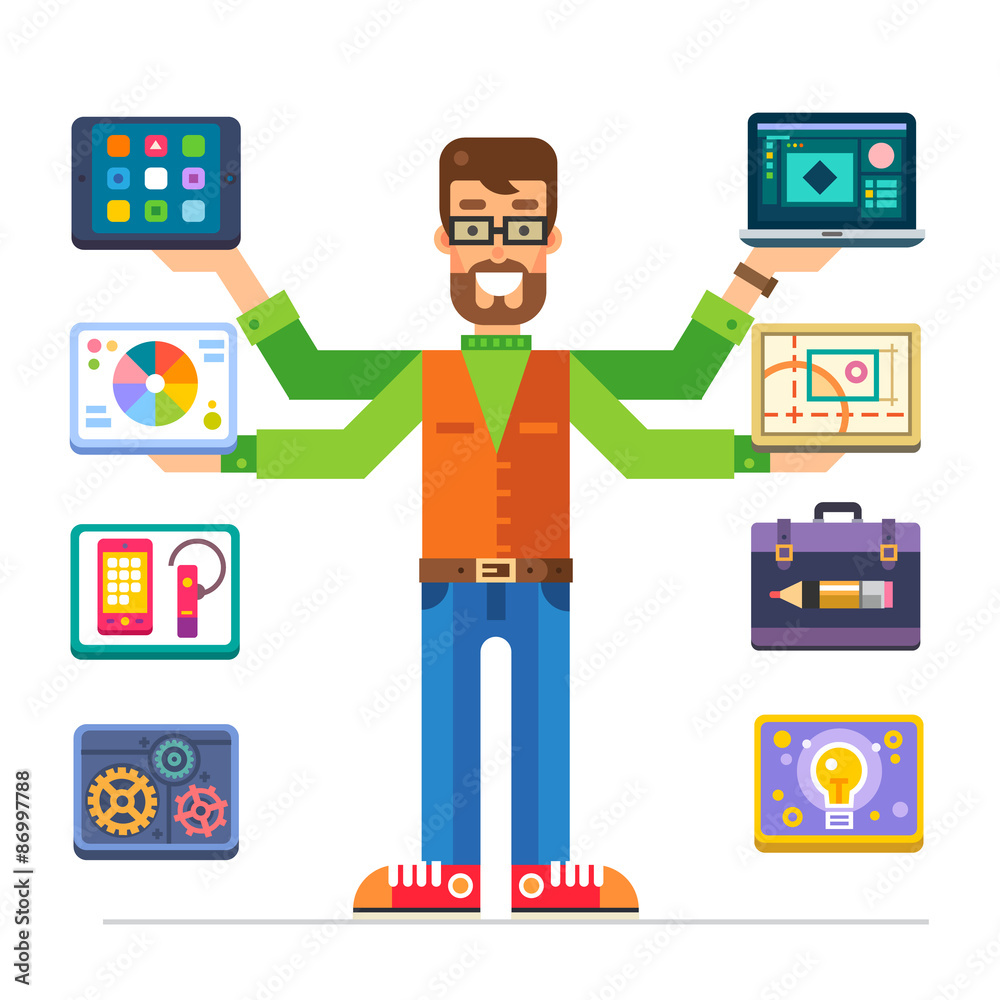 Art Director, man characters with different devices for business, management, marketing and successful work