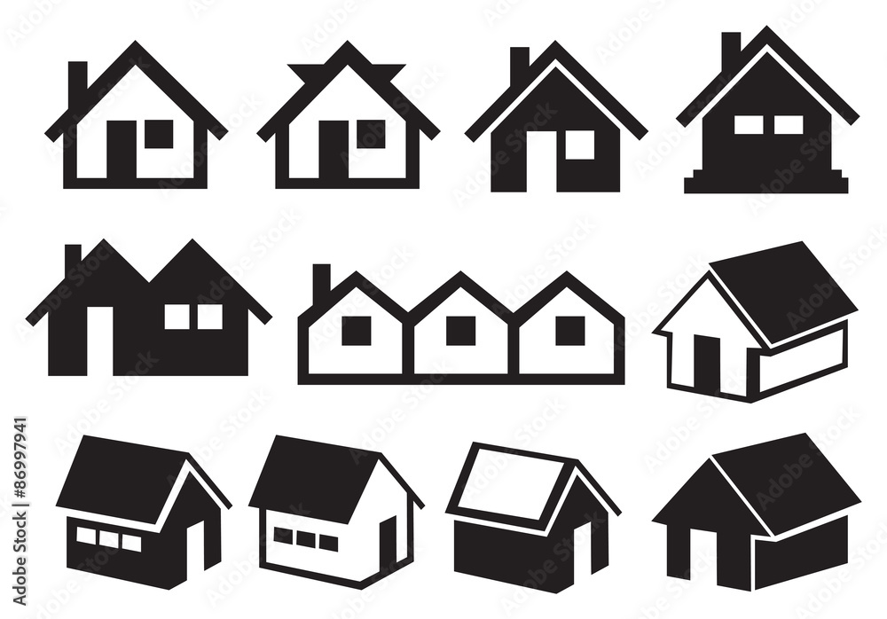 Black and White Gabled Roof House Icon Set