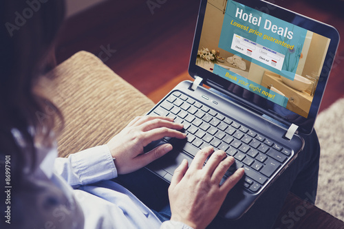 Woman searching a hotel for vacation. Booking template designed on the screen. 