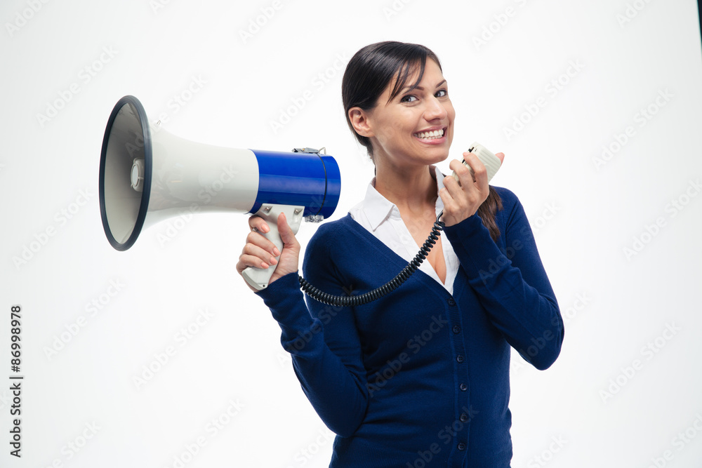 Cheerful businesswoman holding megaphone Cheerful businesswoman holding megaphone