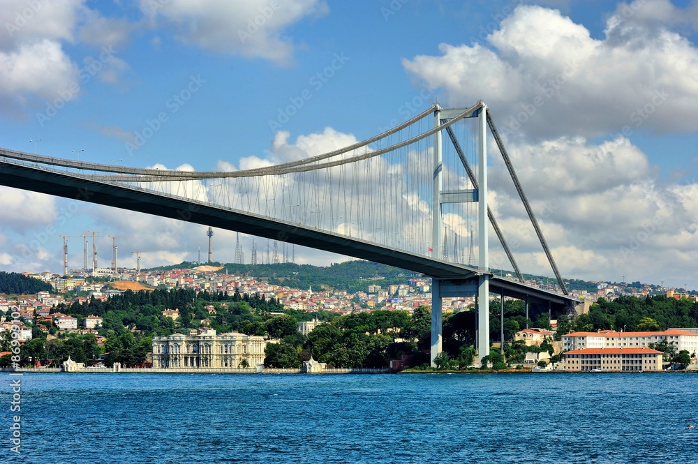 Naklejka premium Stunning view of Bosphorus Bridge from cruise ship, Istanbul.