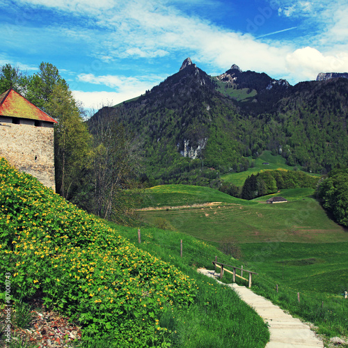 Gruyere Castle,footpath and Alps Mountains, Gruyeres, Switzerland