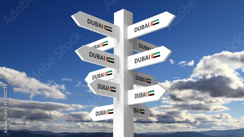 Canvas Print White signpost with Dubai city name on blue sky background