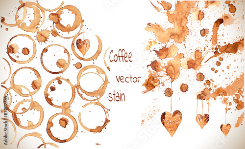 Coffee paint stains, splashes and harts isolated on white background.Coffee cup marks. Vector coffee set.