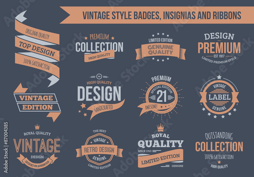 Vintage vector insignias, badges and ribbons. EPS10, text outlined.
