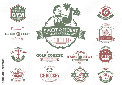Vintage sport vector insignias, badges and ribbons. EPS10, text outlined.