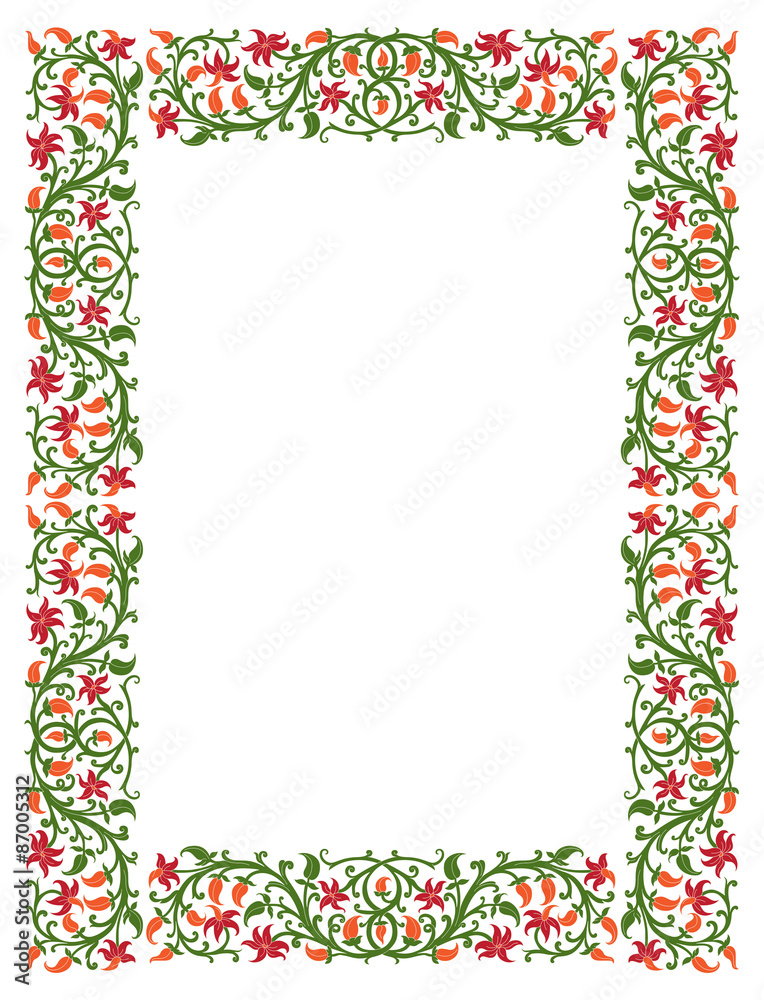 Floral frame in medieval style. Ornament of interwoven stems, foliage and flowers. Vector edging, design element and page decoration