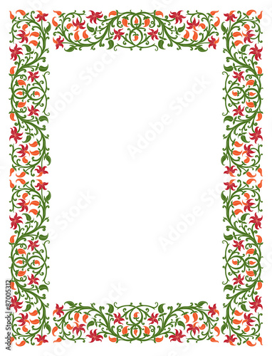 Floral frame in medieval style. Ornament of interwoven stems, foliage and flowers. Vector edging, design element and page decoration photo